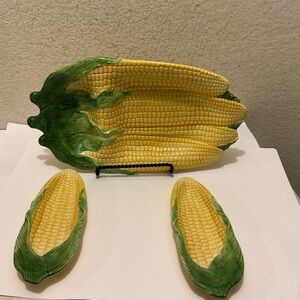 Bella Casa by Ganz Ceramic Corn On The Cob Plate Serving Platter Dishes Forks